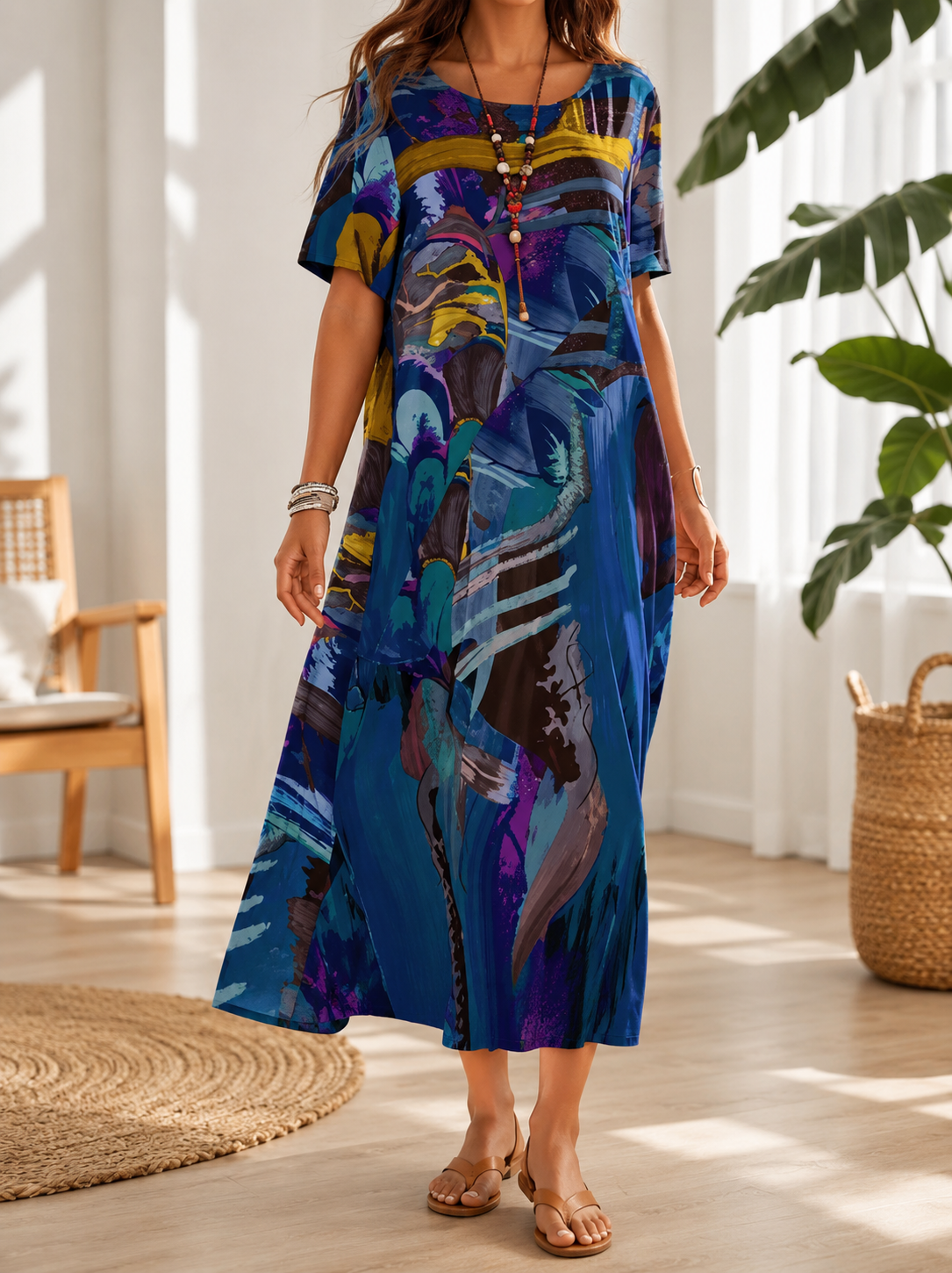 Elina – absztrakt mintás sifon midiruha