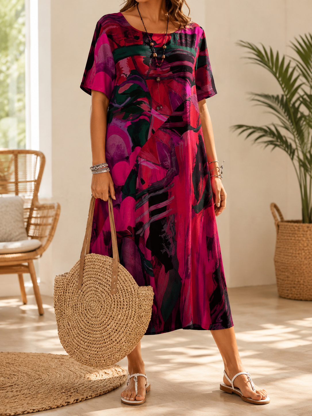 Elina – absztrakt mintás sifon midiruha