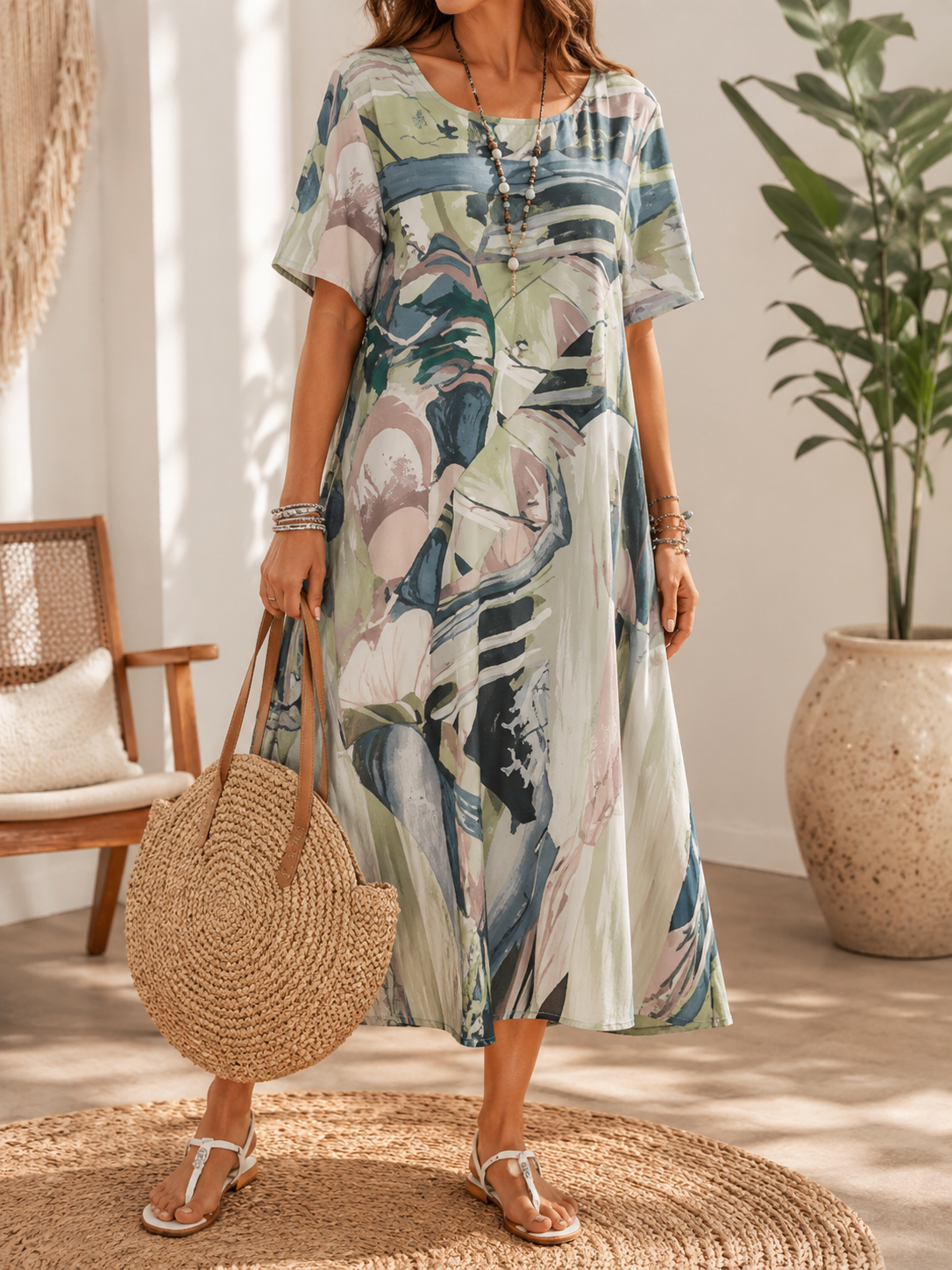 Elina – absztrakt mintás sifon midiruha