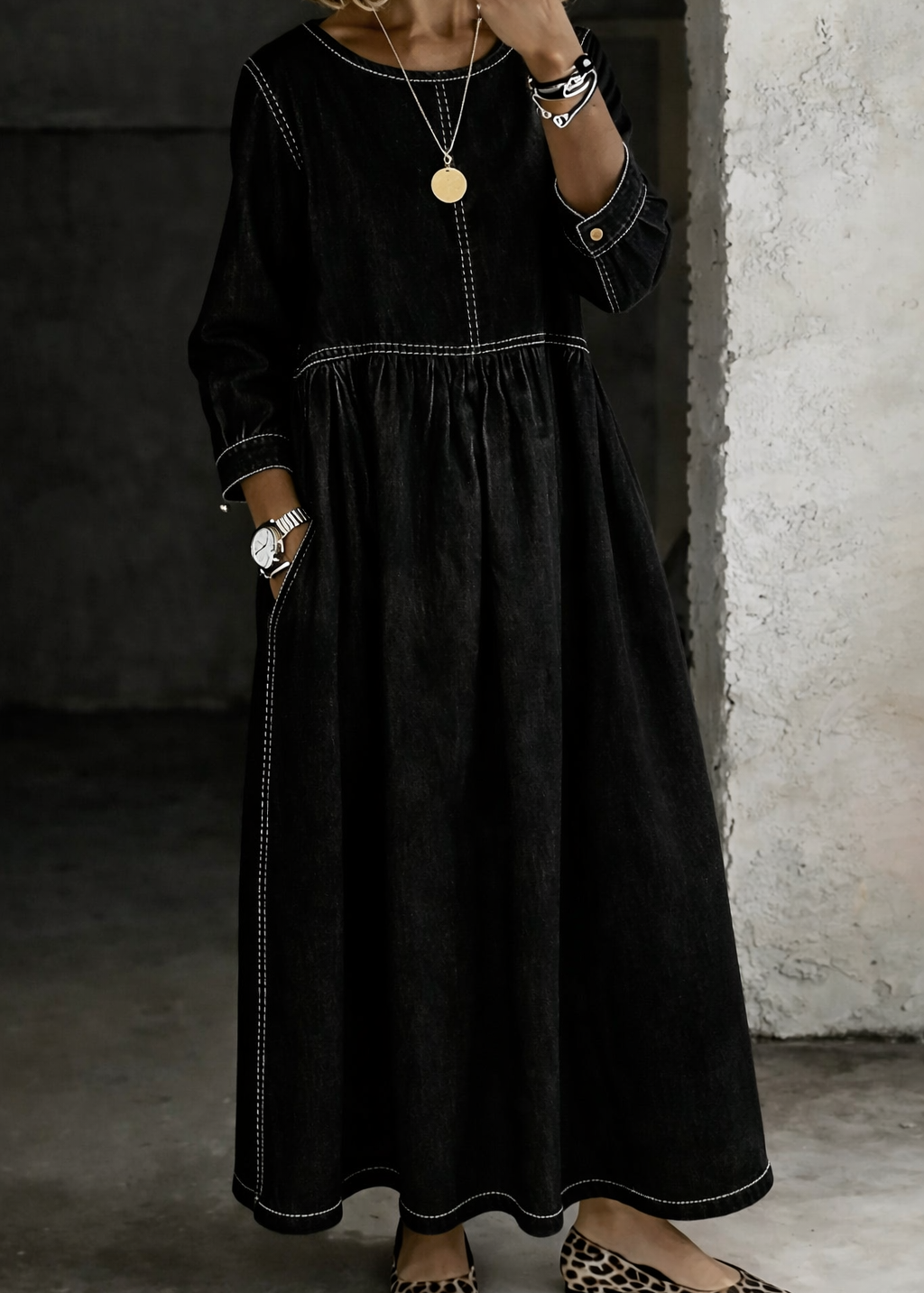 Melinda – kerek nyakú hosszú farmer ruha
