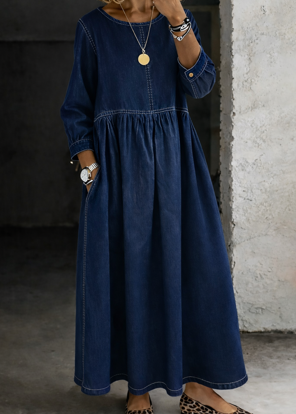 Melinda – kerek nyakú hosszú farmer ruha